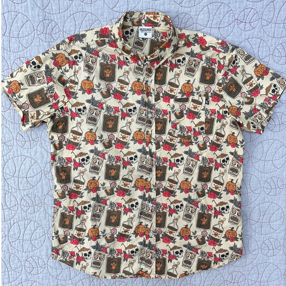 Creepy Co Button Up Shirt Tan Spooky Drinks Horror Tiki / Mens XL